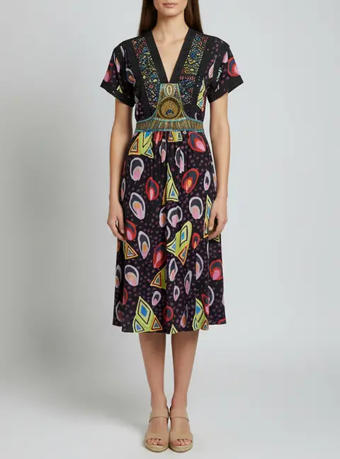 Etro Multicolor Embellished Printed Jersey V-Neck Midi Dress M