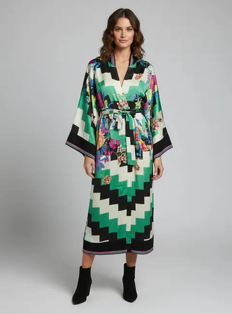 Etro Multicolour Floral Print Satin & Knit Trim Long Kimono Coat M