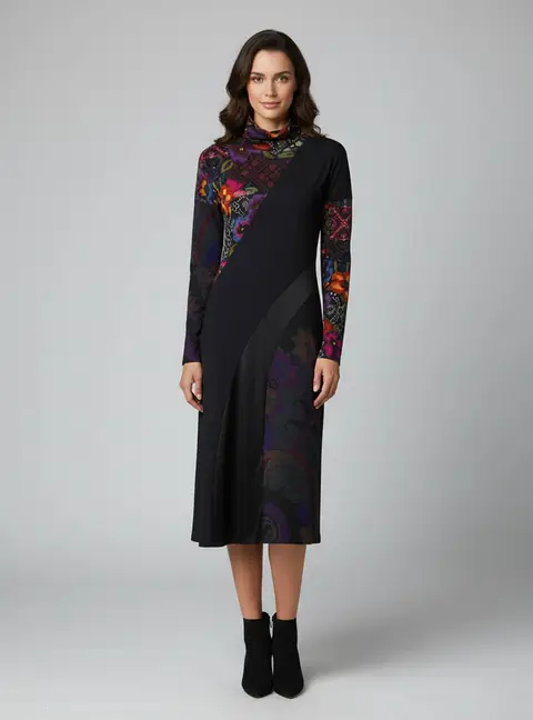 Etro Black Mixed Print Jersey and Satin Desigual High Neck Midi Dress M