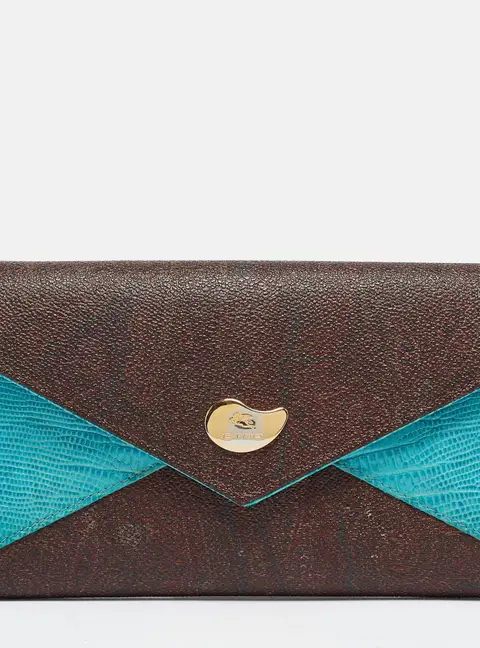 Etro Brown/Blue Paisley Coated Canvas and Lizard Embossed Leather Trifold Continental Wallet