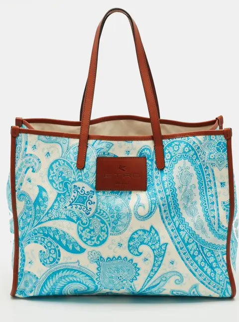Etro Blue/White Paisley Print Canvas and Leather Shopper Tote