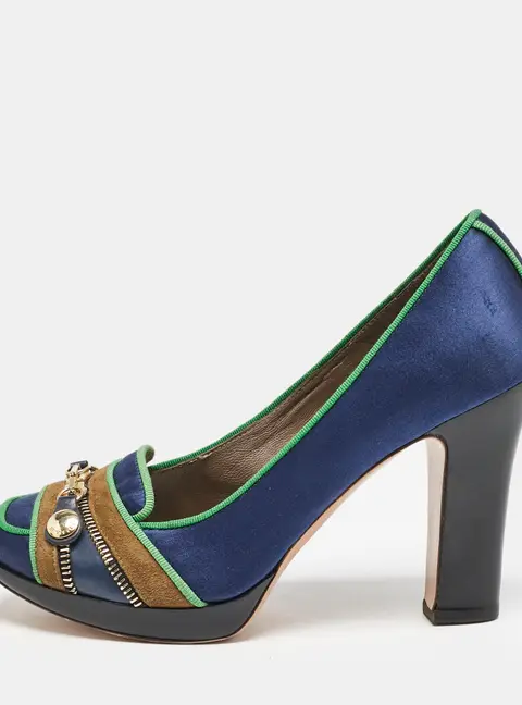 Etro Blue/Green Satin Zip Embellished Block Heel Pumps Size 38
