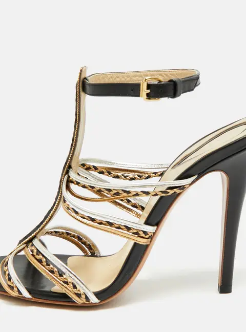 Etro Size 40 Black/Gold Leather Chain Embellished Ankle Strap Sandals