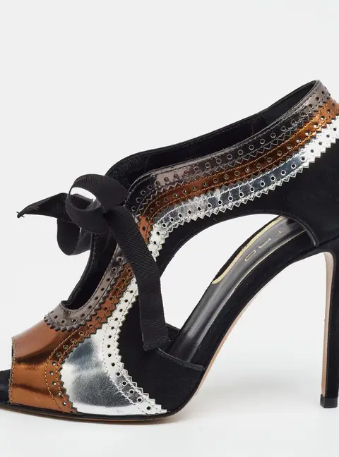Etro Size 37 Tricolor Leather and Suede Brogue Ribbon Tie Open Toe Pumps