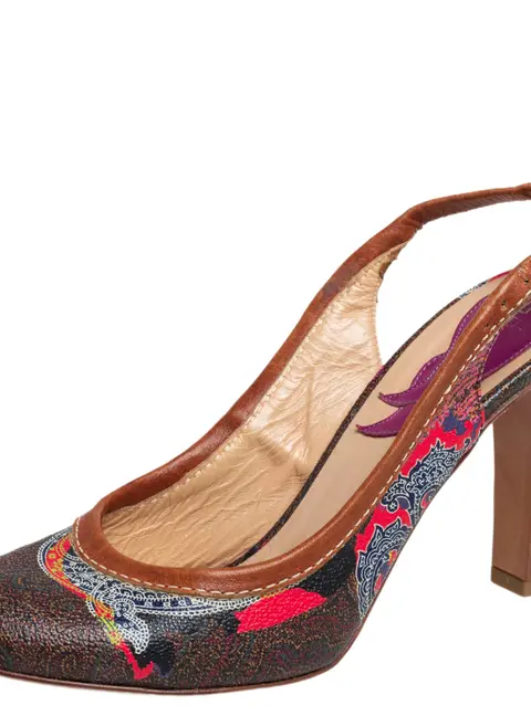 Etro Brown Paisley Print Coated Canvas and Leather Trim Slingback Pumps Size 37