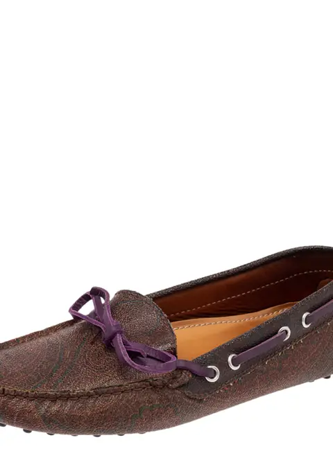 Etro Brown Paisley Print Coated Canvas Bow Slip On Loafers Size 38