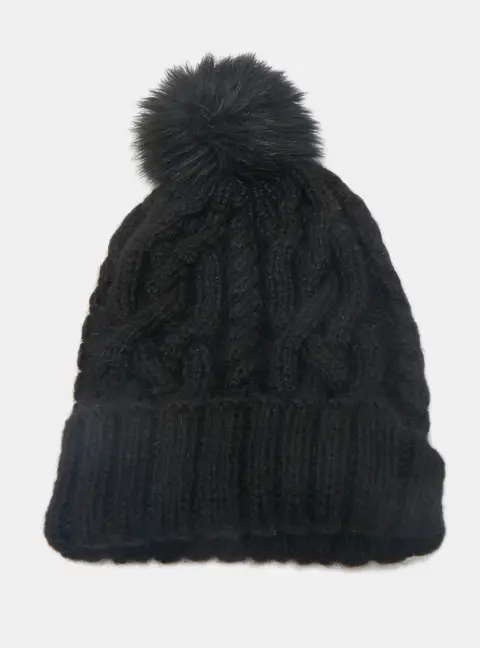 Eugenia Kim Black Baby Alpaca Cable Knit Pom Pom Beanie One Size