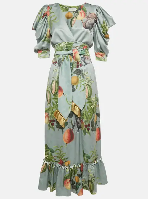 Eugenia Fernandez Sage Green Printed Satin Palma Maxi Dress XS