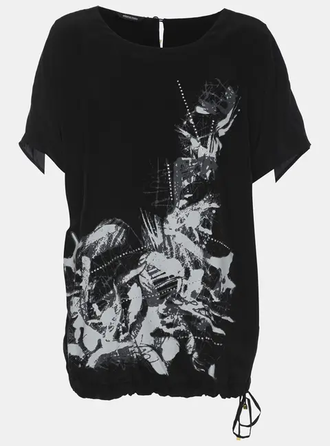 Elena Miro Black Printed and Crystal Embellished Drawstring Top L