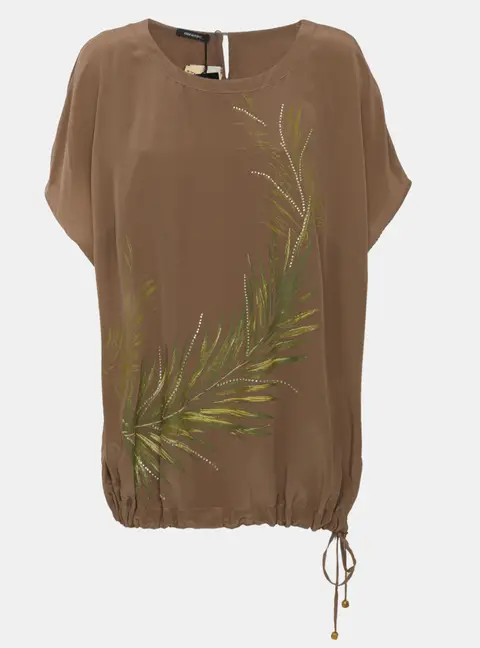 Elena Miro Khaki Crepe Rhinestone Embellished Top XXL