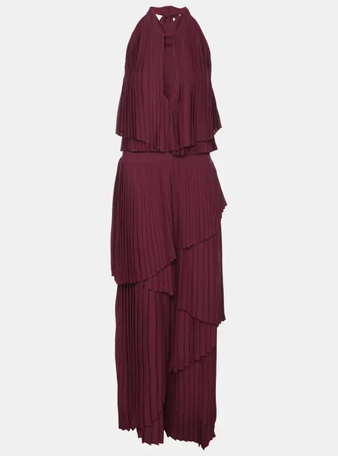 Elie Saab Burgundy Polyester Halterneck Pleated Long Dress L