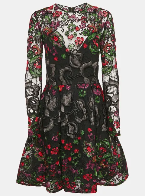 Elie Saab Black Floral Embroidered Tulle Flared Short Dress S