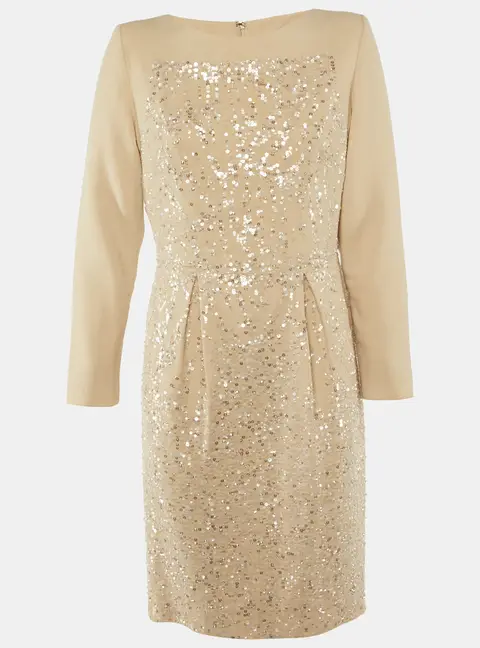 Elie Saab Beige Silk & Wool Embellished Knee Length Dress L