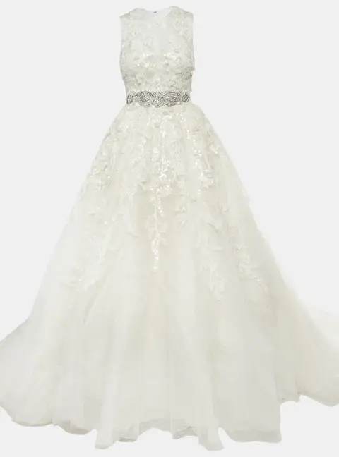 Elie By Elie Saab White Floral Embroidered Tulle Wedding Gown M