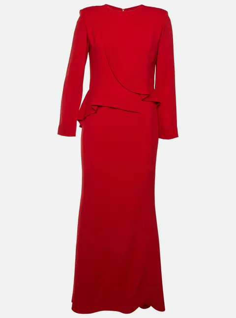 Elie Saab Red Crepe Ruffle Detail Maxi Dress L
