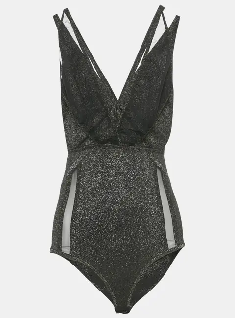 Elie Saab Black Lurex Jersey & Tulle Trim Bodysuit M