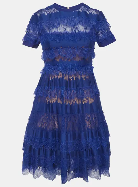 Elie Saab Blue Lace Tiered Mini Dress S