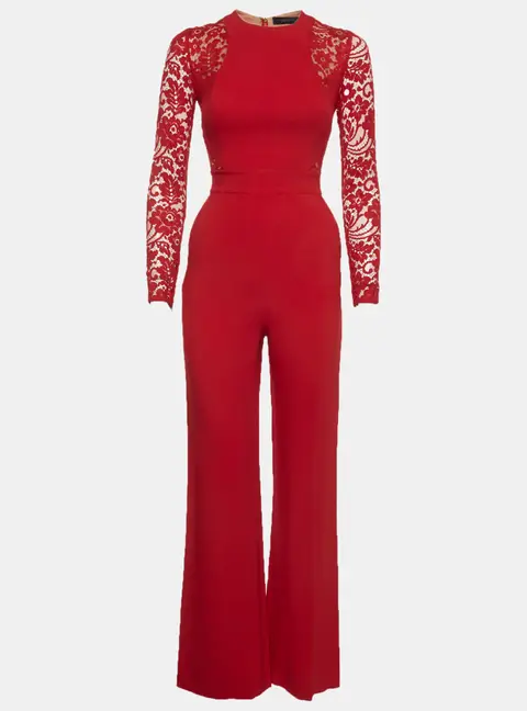 Elie Saab Red Stretch Knit and Lace Long Sleeve Jumpsuit S