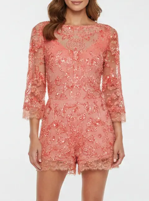 Elie Saab Pink Embellished Lace Trim Mesh Playsuit S