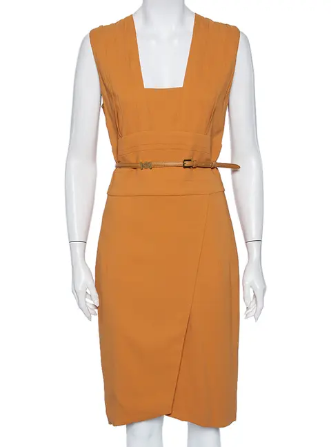 Elie Saab Camel Brown Crepe Pleated Detail Belted Sleeveless Dress M