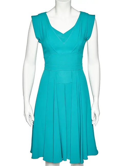 Elie Saab Teal Blue Crepe Pleated Detail Midi Dress S