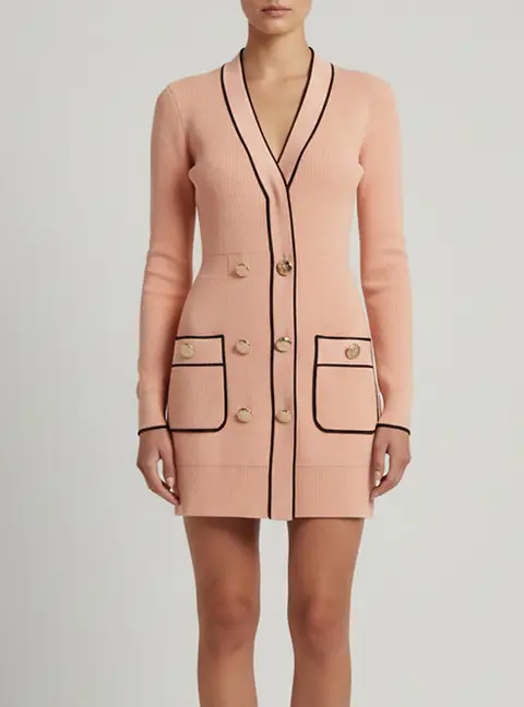 Elisabetta Franchi Pink Rib Knit Double Breasted Mini Dress XS