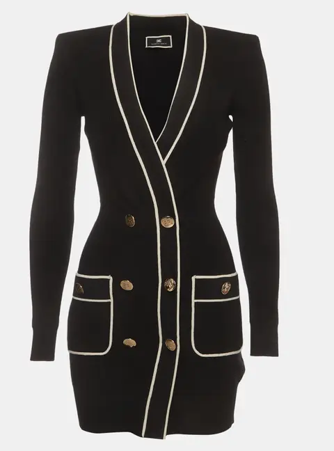 Elisabetta Franchi Black Rib Knit Double Breasted Mini Dress S