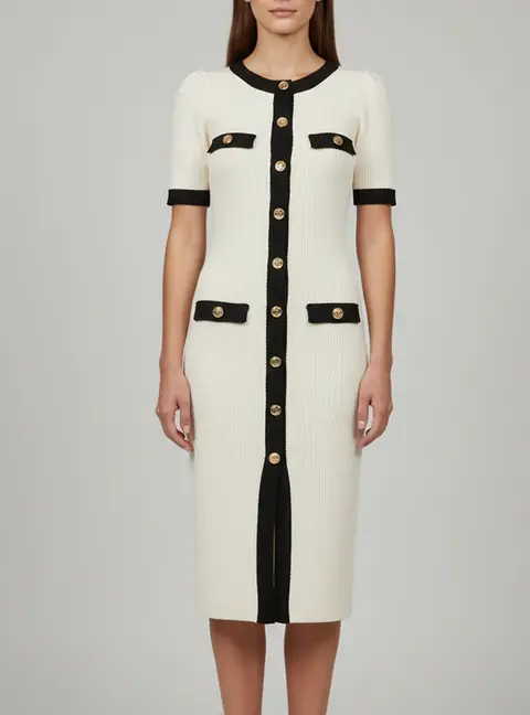 Elisabetta Franchi White Knit Round Neck Midi Dress S