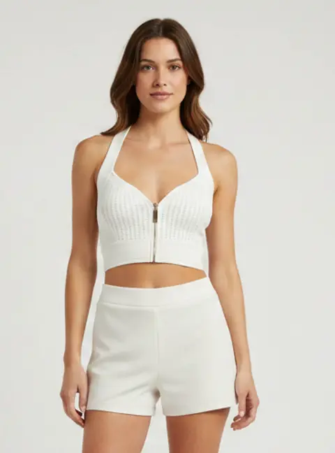 Elisabetta Franchi White Knit Zip UP Bustier Crop Top S