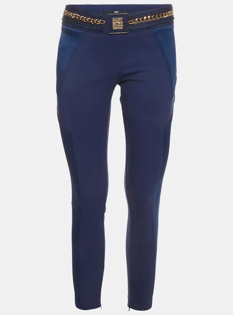 Elisabetta Franchi Blue Logo Plaque Stretch Crepe Cropped Pants M