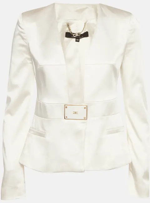 Elisabetta Franchi Off White Satin Plunge Neck Structured Blazer M