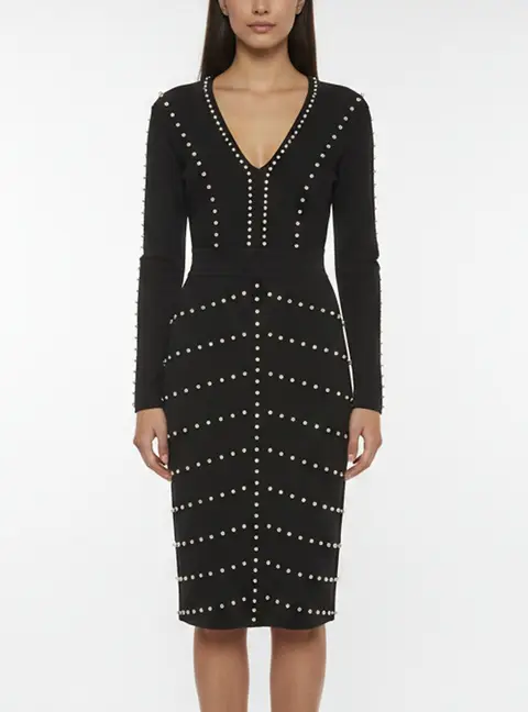 Elisabetta Franchi Black Pearl Embellished Knit V-Neck Dress L