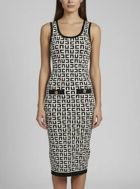 Elisabetta Franchi White/Black Monogram Jacquard Knit Dress M