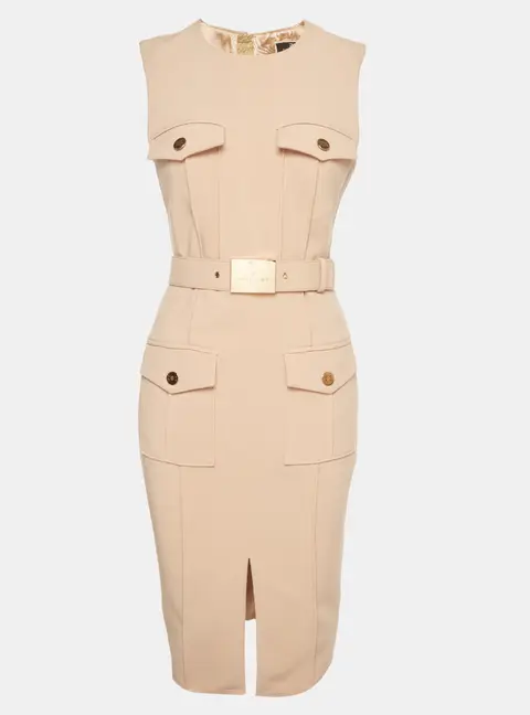 Elisabetta Franchi Beige Stretch Crepe Utility Safari Midi Dress M