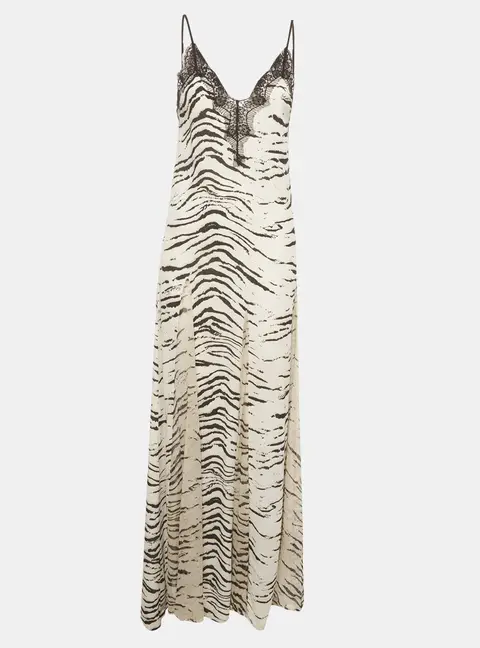 Elisabetta Franchi White Zebra Print Crepe and Chiffon Lace Trim Slip Dress S