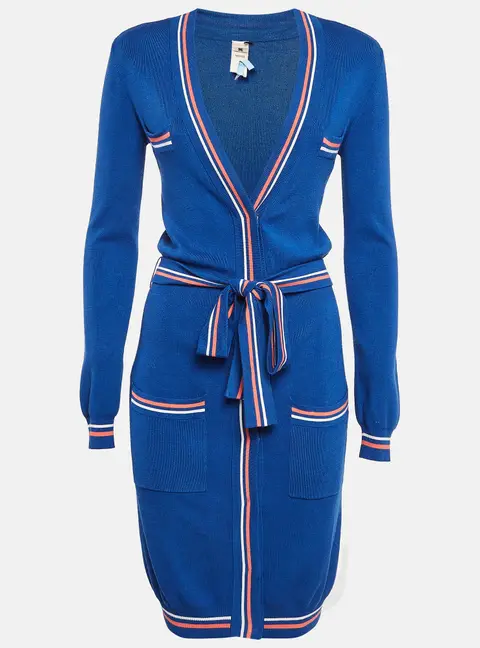 Elisabetta Franchi Blue Rib Knit Belted Long Cardigan M