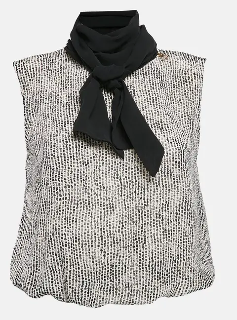 Elisabetta Franchi Black/White Printed Silk Bow Neck Top S