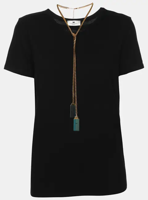 Elisabetta Franchi Black Cotton Round Neck Chain T-Shirt S