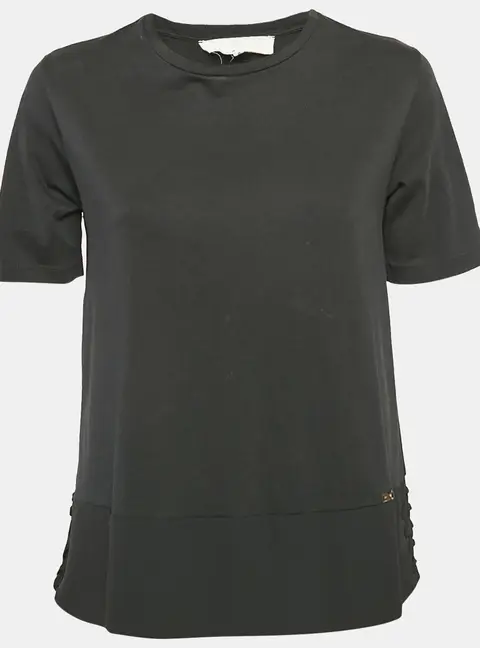 Elisabetta Franchi Black Chiffon and Jersey Lace-Up Detail Top S