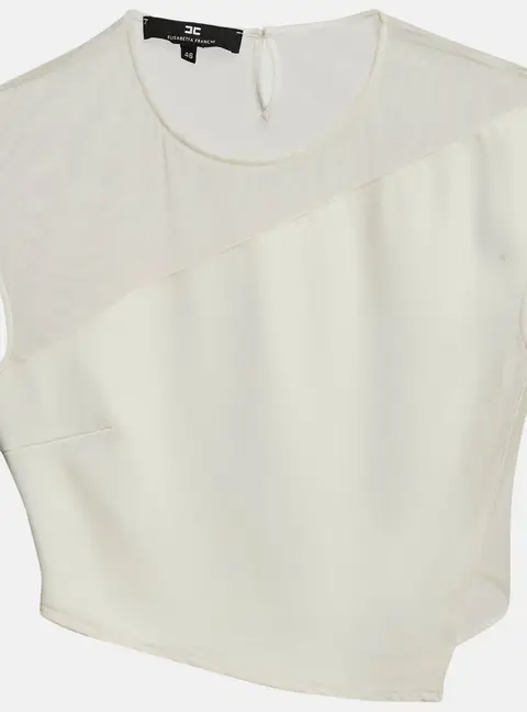 Elisabetta Franchi White Crepe and Mesh Crop Top L