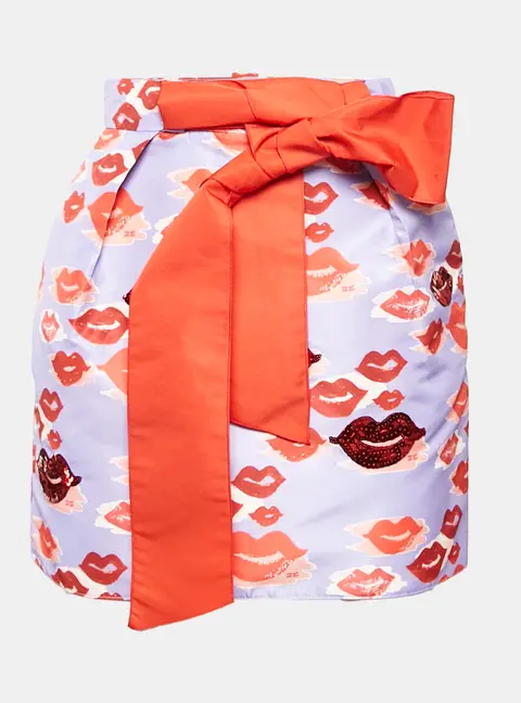 Elisabetta Franchi Lavender/Red Lips Print Synthetic Belted Mini Skirt S