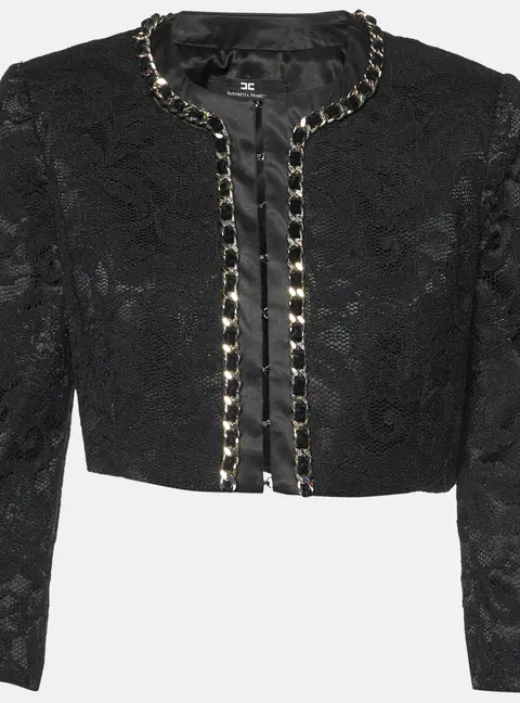 Elisabetta Franchi Black Lace Chain Detail Crop Jacket M