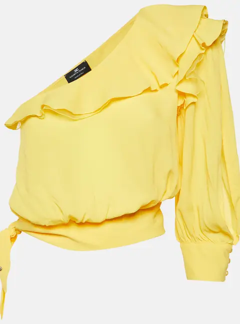 Elisabetta Franchi Yellow Crepe One-Shoulder Ruffled Blouse M