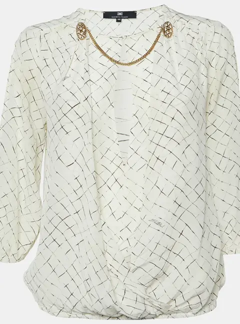 Elisabetta Franchi White Checks Print Silk Brooches Detail Top M