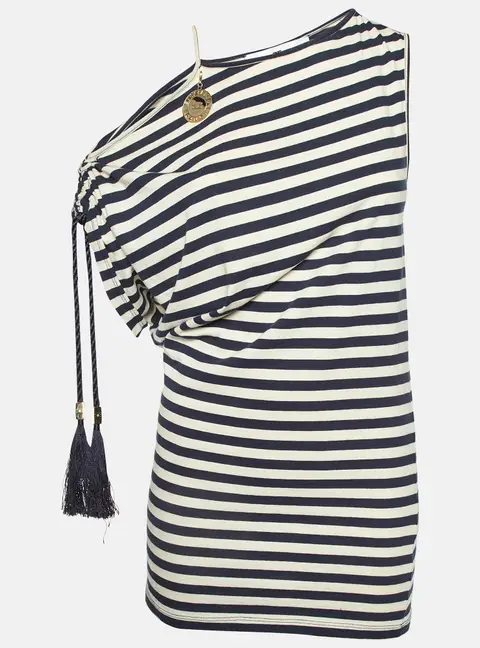Elisabetta Franchi Jeans Marine Blue Striped Jersey Asymmetric Top M