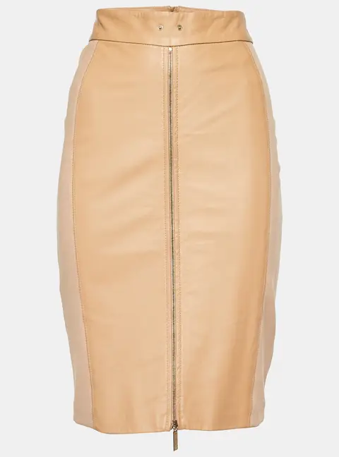 Elisabetta Franchi Gold Beige Leather & Jersey Pencil Skirt L