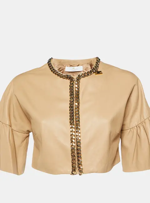 Elisabetta Franchi Beige Leather Chain Detail Bolero Jacket L
