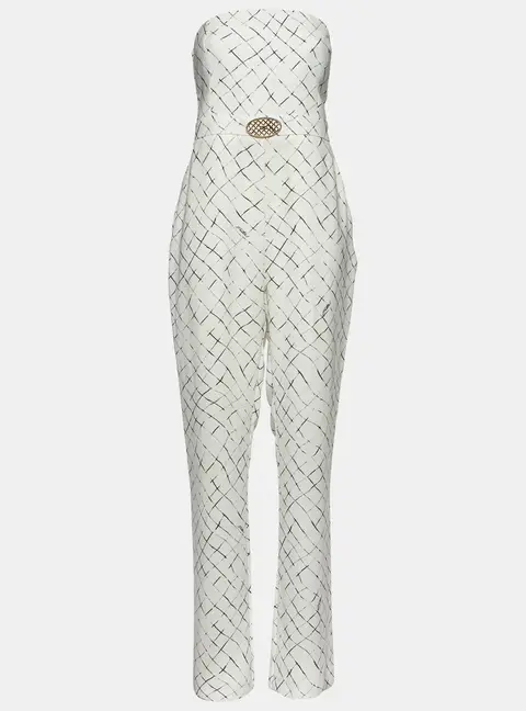 Elisabetta Franchi White Printed Crepe Strapless Jumpsuit XL