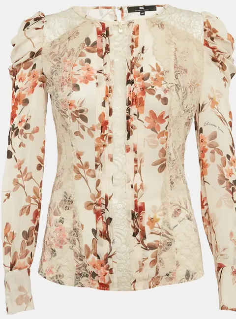Elisabetta Franchi Beige Floral Print Lace Trim Crepe Blouse S