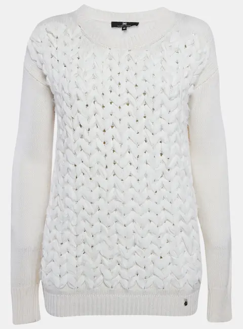 Elisabetta Franchi Off White Braid Detail Wool Blend Sweater S